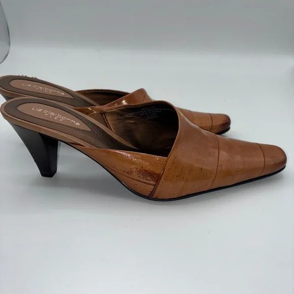 Liz Claiborne Mallory Tan Leather Pointed Toe Mules Shoes Women 6.5M Career Chic - Picture 6 of 12
